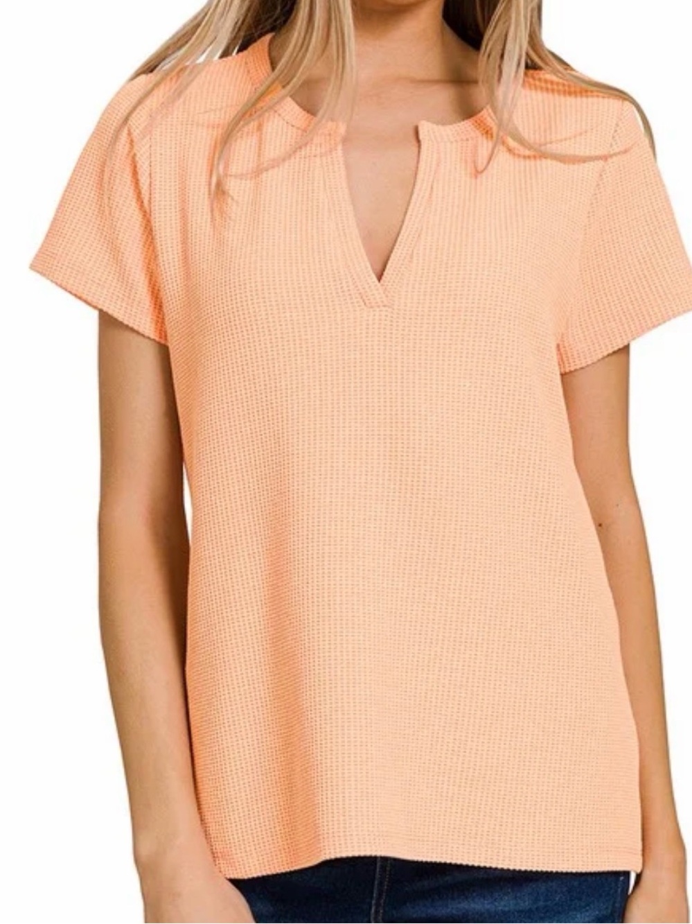 ZENANA Short Sleeve V-neck Waffle Knit Henley Light Peach/Orange size small